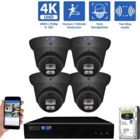 8 Channel NVR Security Camera System with 4 * 8MP IP POE 2.8mm Fixed Lens Black Turret Security Cameras, Human/Vehicle Detection, Face Recognition, Two-Way Audio, Color Night Vision