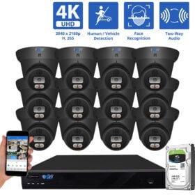 16 Channel NVR Security Camera System with 12 * 8MP IP POE 2.8mm Fixed Lens Black Turret Security Cameras, Human/Vehicle Detection, Face Recognition, Two-Way Audio, Color Night Vision