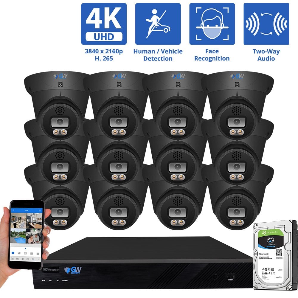 16 Channel NVR Security Camera System with 12 * 8MP IP POE 2.8mm Fixed Lens Black Turret Security Cameras, Human/Vehicle Detection, Face Recognition, Two-Way Audio, Color Night Vision