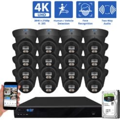16 Channel NVR Security Camera System with 16 * 8MP IP POE 2.8mm Fixed Lens Black Turret Security Cameras, Human/Vehicle Detection, Two-Way Audio, Color Night Vision