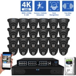 32 Channel NVR Security Camera System with 24 * 8MP IP POE 2.8mm Fixed Lens Black Turret Security Cameras, Human/Vehicle Detection, Face Recognition, Two-Way Audio, Color Night Vision