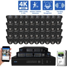 64 Channel NVR Security Camera System with 40 * 8MP IP POE 2.8mm Fixed Lens Black Turret Security Cameras, Human/Vehicle Detection, Face Recognition, Two-Way Audio, Color Night Vision