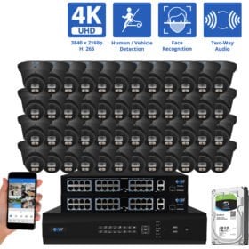 64 Channel NVR Security Camera System with 48 * 8MP IP POE 2.8mm Fixed Lens Black Turret Security Cameras, Human/Vehicle Detection, Face Recognition, Two-Way Audio, Color Night Vision
