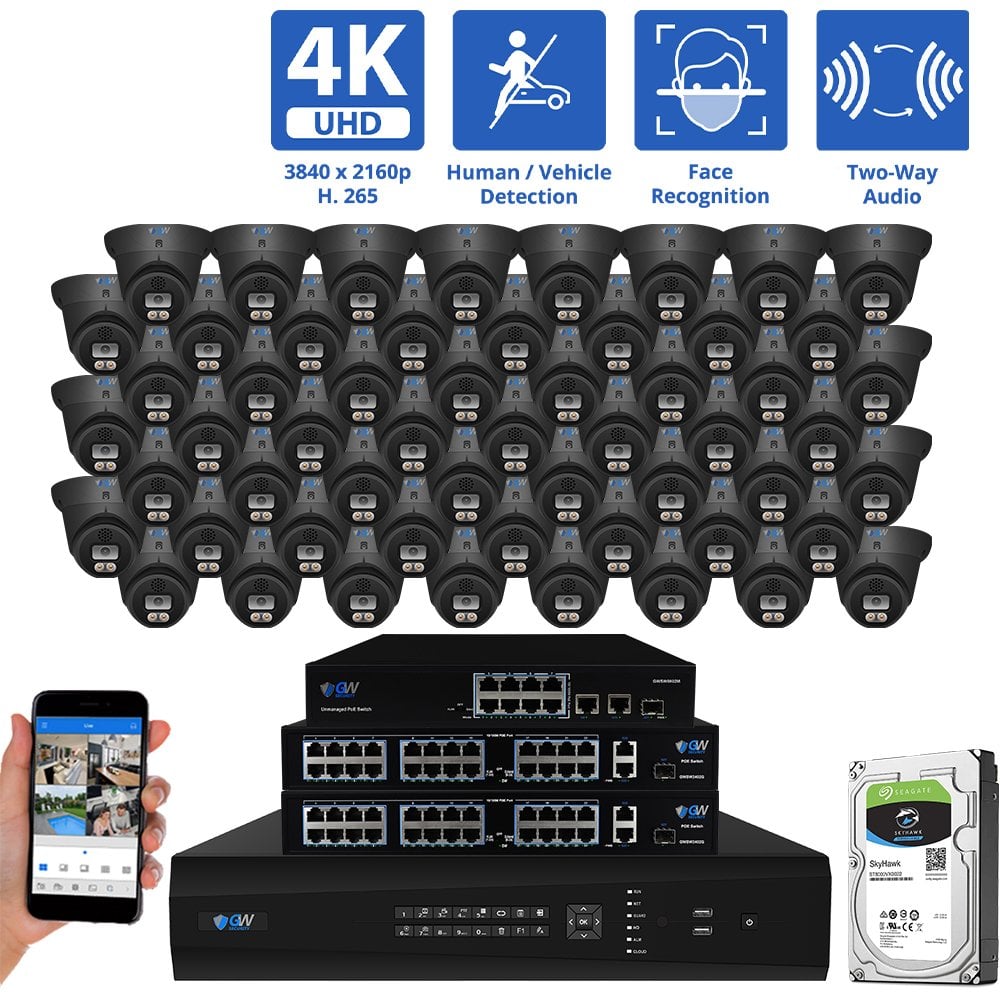 64 Channel NVR Security Camera System with 56 * 8MP IP POE 2.8mm Fixed Lens Black Turret Security Cameras, Human/Vehicle Detection, Face Recognition, Two-Way Audio, Color Night Vision