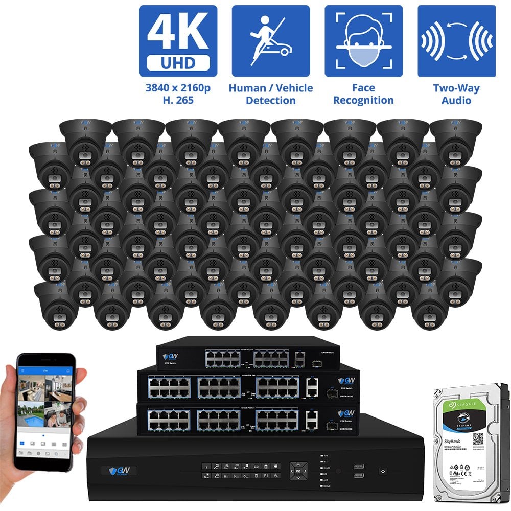 64 Channel NVR Security Camera System with 64 * 8MP IP POE 2.8mm Fixed Lens Black Turret Security Cameras, Human/Vehicle Detection, Face Recognition, Two-Way Audio, Color Night Vision