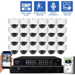 32 Channel NVR Security Camera System with 24 * 5MP IP Dome 2.8m Fixed Lens Camera, Built In Mic, Human / Vehicle Detection, PoE