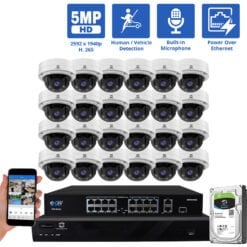 32 Channel NVR Security Camera System with 24 * 5MP IP Dome 2.8m - 12mm Varifocal Lens Camera, 4X Optical Zoom, Built In Mic, Human / Vehicle Detection, PoE