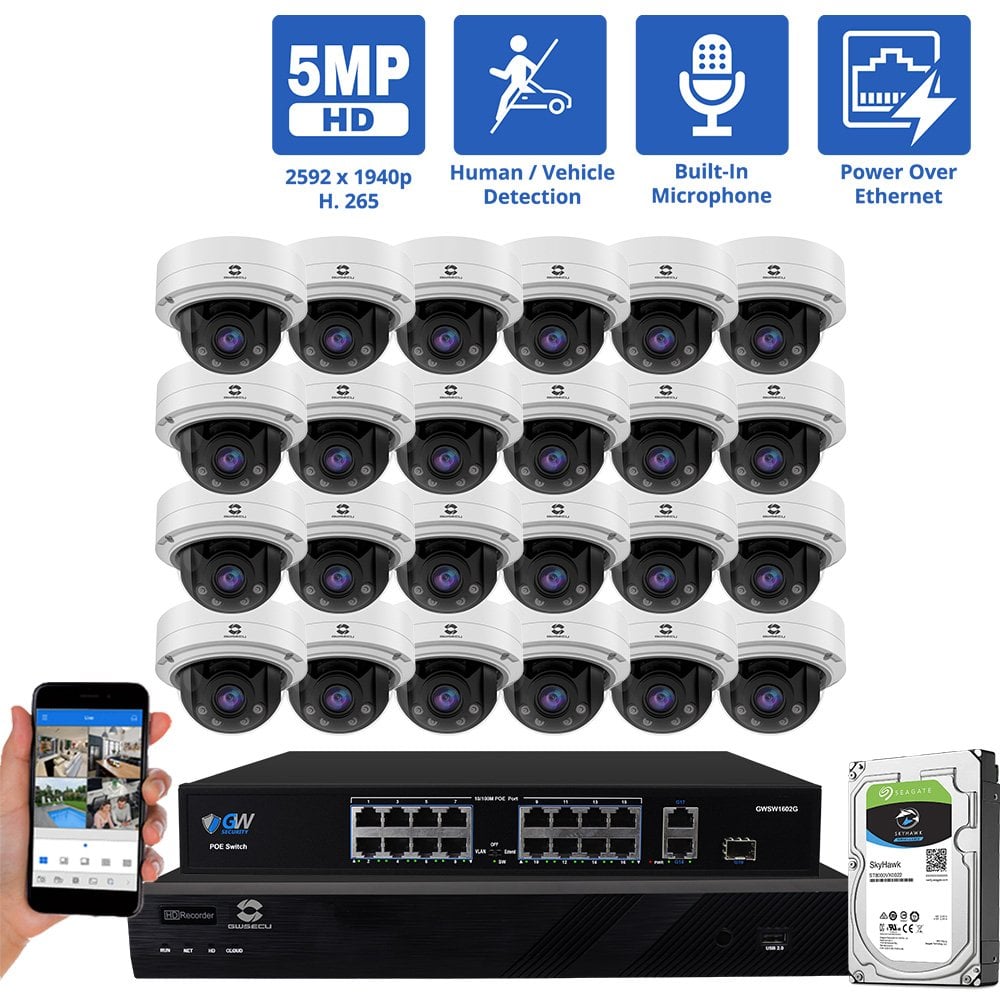 32 Channel NVR Security Camera System with 24 * 5MP IP Dome 2.8m - 12mm Varifocal Lens Camera, 4X Optical Zoom, Built In Mic, Human / Vehicle Detection, PoE