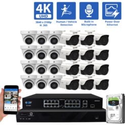 32 Channel NVR Security Camera System with 12 * 8MP 4K IP Turret 2.8m Fixed Lens Camera & 12 * 8MP 4K IP Bullet 2.8m Fixed Lens Camera, Built In Mic, Human / Vehicle Detection, PoE