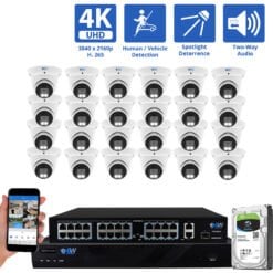32 Channel NVR Security Camera System with 24 * 8MP IP POE 2.8mm Fixed Lens Turret Security Cameras, Human/Vehicle Detection, Face Recognition, Two-Way Audio, Color Night Vision