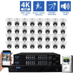 32 Channel NVR Security Camera System with 32 * 8MP IP POE 2.8mm Fixed Lens Turret Security Cameras, Human/Vehicle Detection, Face Recognition, Two-Way Audio, Color Night Vision