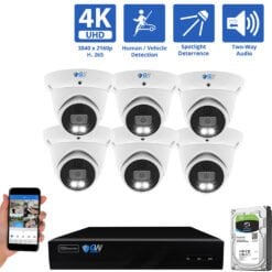 8 Channel NVR Security Camera System with 6 * 8MP IP POE 2.8mm Fixed Lens Turret Security Cameras, Human/Vehicle Detection, Face Recognition, Two-Way Audio, Color Night Vision