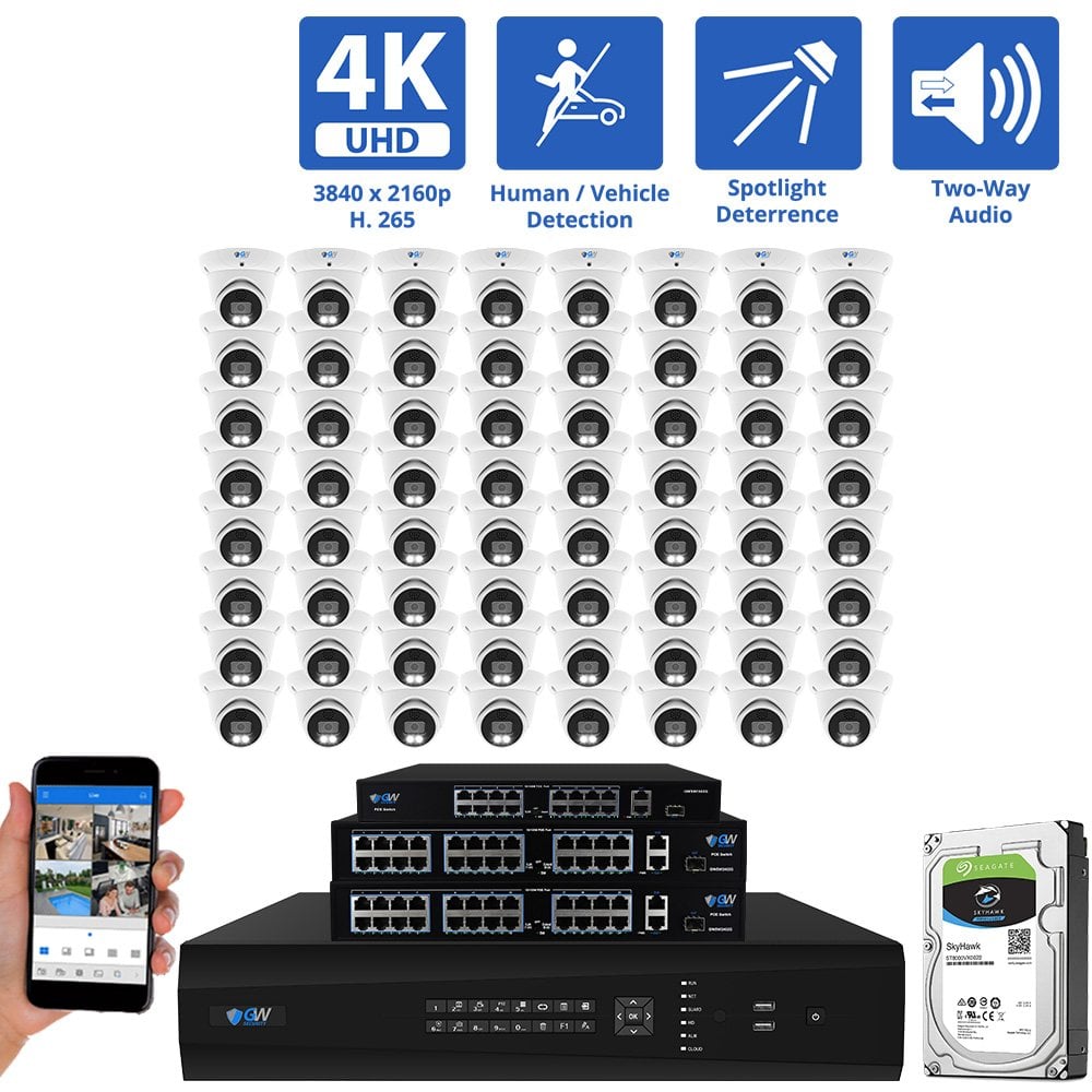 64 Channel NVR Security Camera System with 64 * 8MP IP POE 2.8mm Fixed Lens Turret Security Cameras, Human/Vehicle Detection, Face Recognition, Two-Way Audio, Color Night Vision