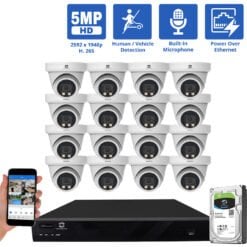16 Channel NVR Security Camera System with 16 * 5MP IP Turret 2.8mm Fixed Lens Camera, Built In Mic, Human / Vehicle Detection, PoE