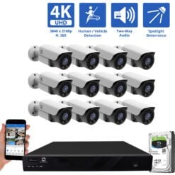 16 Channel NVR Security Camera System with 12 * 8MP IP POE 2.8mm Fixed Lens Bullet Security Camera, Two-Way Audio, Full-Time Color Night Vision, Spotlight, Human / Vehicle Detection, PoE