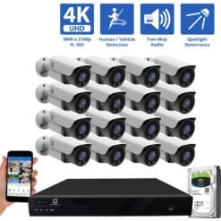 16 Channel NVR Security Camera System with 16 * 8MP IP POE 2.8mm Fixed Lens Bullet Security Camera, Two-Way Audio, Full-Time Color Night Vision, Spotlight, Human / Vehicle Detection, PoE