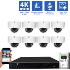 16 Channel NVR Security Camera System with 8 * 8MP IP Dome 2.8mm Fixed Lens Camera, Built In Mic, Human / Vehicle Detection, PoE