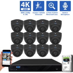 16 Channel NVR Security Camera System with 12 * Black 8MP IP POE 2.7mm-13.5mm Motorized Lens Turret Security Cameras, 5X Optical Zoom, Human/Vehicle Detection, Face Recognition, Built-In Mic, PoE