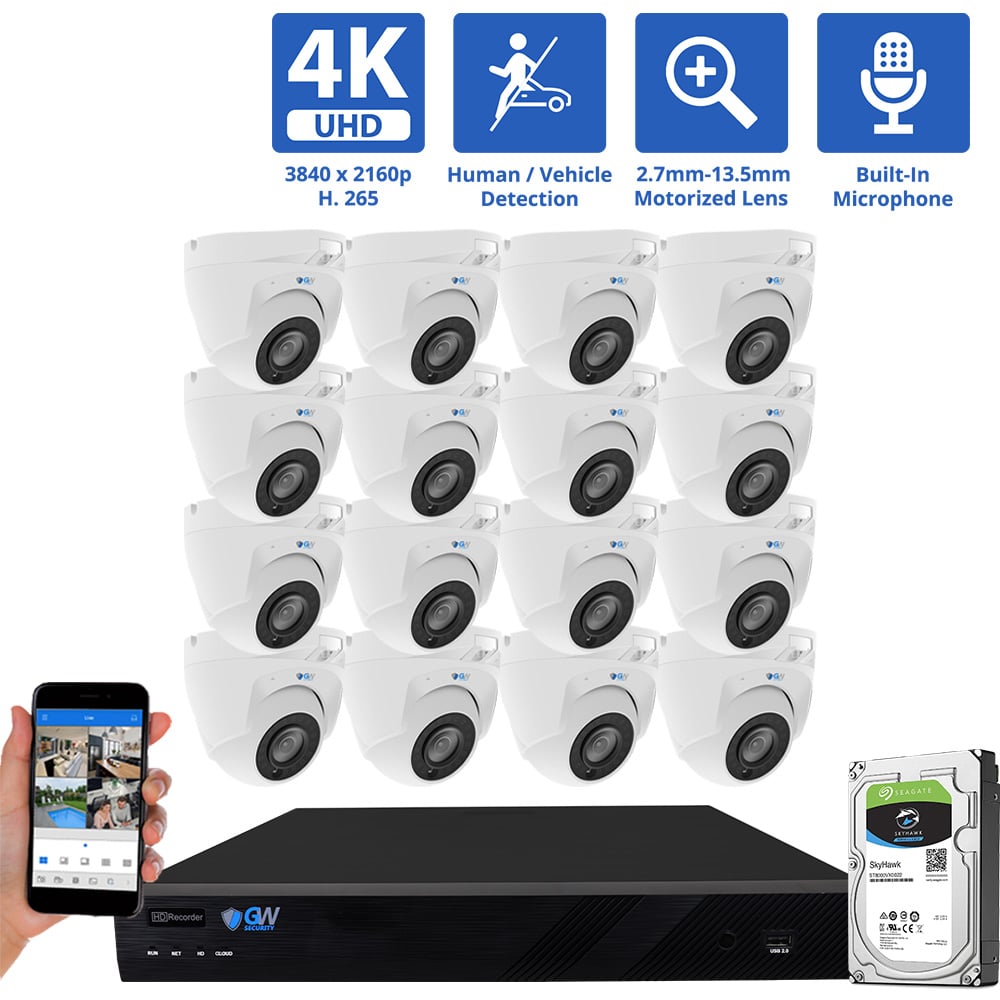 16 Channel NVR Security Camera System with 16 * 8MP IP POE 2.7mm-13.5mm Motorized Lens Turret Security Cameras, 5X Optical Zoom, Human/Vehicle Detection, Face Recognition, Built-In Mic, PoE