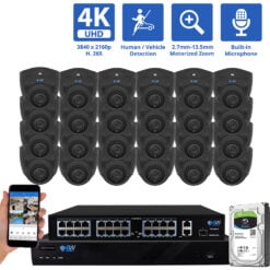 32 Channel NVR Security Camera System with 24 * Black 8MP IP POE 2.7mm-13.5mm Motorized Lens Turret Security Cameras, 5X Optical Zoom, Human/Vehicle Detection, Face Recognition, Built-In Mic, PoE