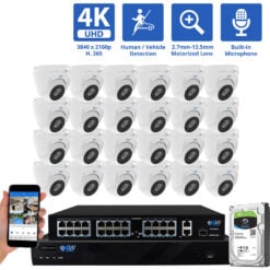 32 Channel NVR Security Camera System with 24 * 8MP IP POE 2.7mm-13.5mm Motorized Lens Turret Security Cameras, 5X Optical Zoom, Human/Vehicle Detection, Face Recognition, Built-In Mic, PoE