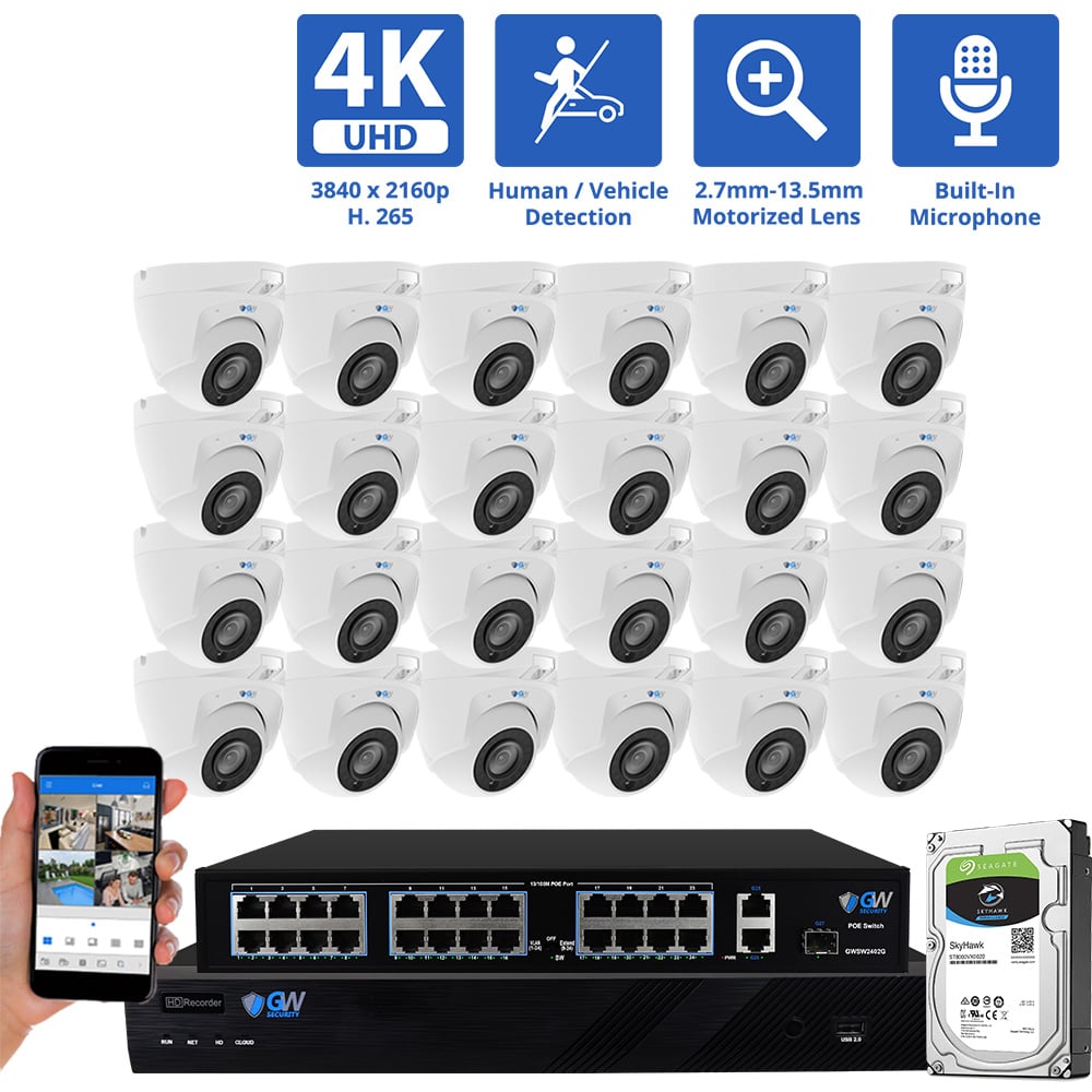 32 Channel NVR Security Camera System with 24 * 8MP IP POE 2.7mm-13.5mm Motorized Lens Turret Security Cameras, 5X Optical Zoom, Human/Vehicle Detection, Face Recognition, Built-In Mic, PoE