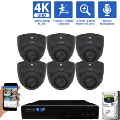 8 Channel NVR Security Camera System with 6 * Black 8MP IP POE 2.7mm-13.5mm Motorized Lens Turret Security Cameras, 5X Optical Zoom, Human/Vehicle Detection, Face Recognition, Built-In Mic, PoE