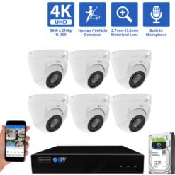 8 Channel NVR Security Camera System with 6 * 8MP IP POE 2.7mm-13.5mm Motorized Lens Turret Security Cameras, 5X Optical Zoom, Human/Vehicle Detection, Face Recognition, Built-In Mic, PoE