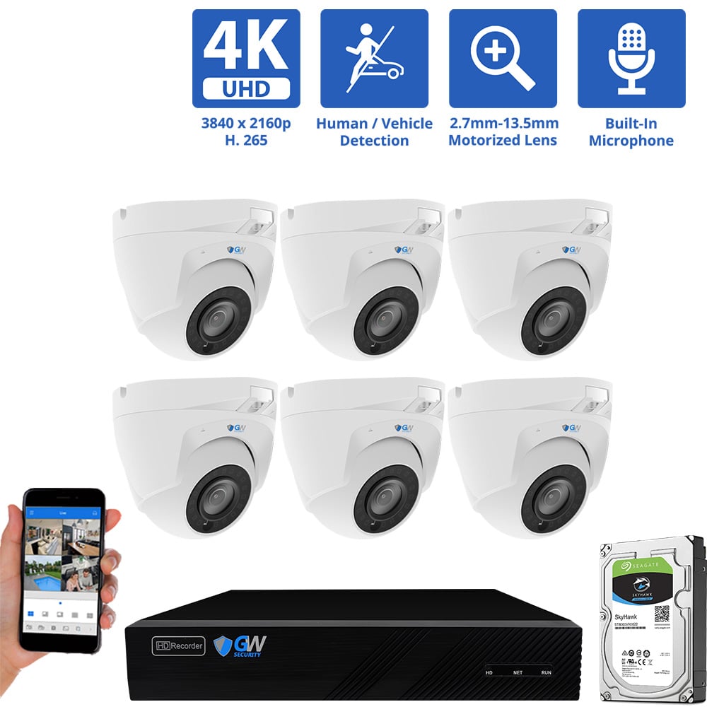 8 Channel NVR Security Camera System with 6 * 8MP IP POE 2.7mm-13.5mm Motorized Lens Turret Security Cameras, 5X Optical Zoom, Human/Vehicle Detection, Face Recognition, Built-In Mic, PoE