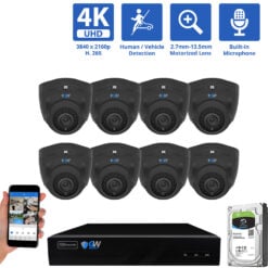 8 Channel NVR Security Camera System with 8 * Black 8MP IP POE 2.7mm-13.5mm Motorized Lens Turret Security Cameras, 5X Optical Zoom, Human/Vehicle Detection, Face Recognition, Built-In Mic, PoE