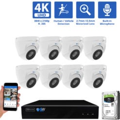 8 Channel NVR Security Camera System with 8 * 8MP IP POE 2.7mm-13.5mm Motorized Lens Turret Security Cameras, 5X Optical Zoom, Human/Vehicle Detection, Face Recognition, Built-In Mic, PoE