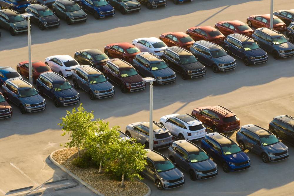 An aerial view of a parking lot.