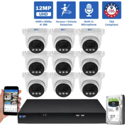16 Channel NVR Security Camera System with 12 * 12MP 6K IP 2.8mm Fixed Lens Turret Security Camera, Human / Vehicle Detection, Smart AI Analytics, Built-In Microphone, PoE