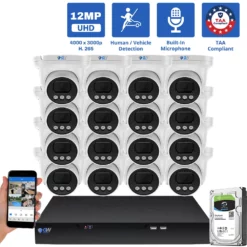 16 Channel NVR Security Camera System with 16 * 12MP 6K IP 2.8mm Fixed Lens Turret Security Camera, Human / Vehicle Detection, Smart AI Analytics, Built-In Microphone, PoE