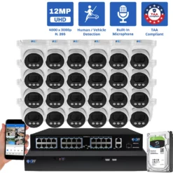 32 Channel NVR Security Camera System with 24 * 12MP 6K IP 2.8mm Fixed Lens Turret Security Camera, Human / Vehicle Detection, Smart AI Analytics, Built-In Microphone, PoE