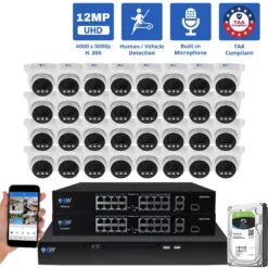 32 Channel NVR Security Camera System with 32 * 12MP 6K IP 2.8mm Fixed Lens Turret Security Camera, Human / Vehicle Detection, Smart AI Analytics, Built-In Microphone, PoE