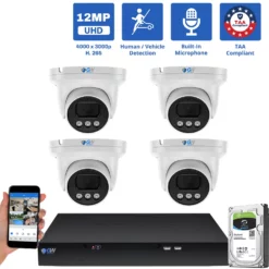 8 Channel NVR Security Camera System with 4 * 12MP 6K IP 2.8mm Fixed Lens Turret Security Camera, Human / Vehicle Detection, Smart AI Analytics, Built-In Microphone, PoE