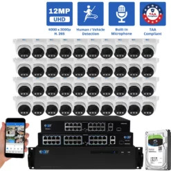 64 Channel NVR Security Camera System with 40 * 12MP 6K IP 2.8mm Fixed Lens Turret Security Camera, Human / Vehicle Detection, Smart AI Analytics, Built-In Microphone, PoE