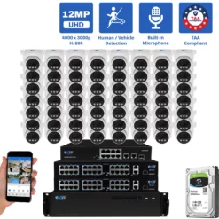 64 Channel NVR Security Camera System with 56 * 12MP 6K IP 2.8mm Fixed Lens Turret Security Camera, Human / Vehicle Detection, Smart AI Analytics, Built-In Microphone, PoE