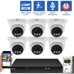 8 Channel NVR Security Camera System with 6 * 12MP 6K IP 2.8mm Fixed Lens Turret Security Camera, Human / Vehicle Detection, Smart AI Analytics, Built-In Microphone, PoE