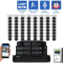 64 Channel NVR Security Camera System with 64 * 12MP 6K IP 2.8mm Fixed Lens Turret Security Camera, Human / Vehicle Detection, Smart AI Analytics, Built-In Microphone, PoE