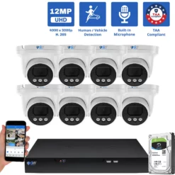 8 Channel NVR Security Camera System with 8 * 12MP 6K IP 2.8mm Fixed Lens Turret Security Camera, Human / Vehicle Detection, Smart AI Analytics, Built-In Microphone, PoE