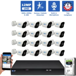 16 Channel NVR Security Camera System with 16 * 6K 12MP IP 2.8mm Fixed Lens Bullet Security Camera, Human / Vehicle Detection, Smart AI Analytics, Built-In Microphone, PoE