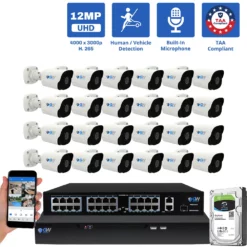 32 Channel NVR Security Camera System with 24 * 6K 12MP IP 2.8mm Fixed Lens Bullet Security Camera, Human / Vehicle Detection, Smart AI Analytics, Built-In Microphone, PoE