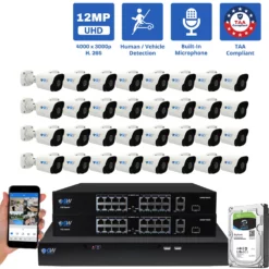 32 Channel NVR Security Camera System with 32 * 6K 12MP IP 2.8mm Fixed Lens Bullet Security Camera, Human / Vehicle Detection, Smart AI Analytics, Built-In Microphone, PoE