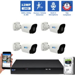 8 Channel NVR Security Camera System with 4 * 6K 12MP IP 2.8mm Fixed Lens Bullet Security Camera, Human / Vehicle Detection, Smart AI Analytics, Built-In Microphone, PoE