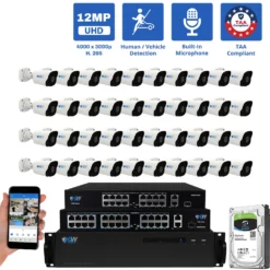64 Channel NVR Security Camera System with 40 * 6K 12MP IP 2.8mm Fixed Lens Bullet Security Camera, Human / Vehicle Detection, Smart AI Analytics, Built-In Microphone, PoE