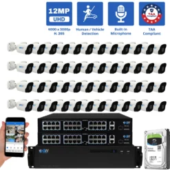 64 Channel NVR Security Camera System with 48 * 6K 12MP IP 2.8mm Fixed Lens Bullet Security Camera, Human / Vehicle Detection, Smart AI Analytics, Built-In Microphone, PoE