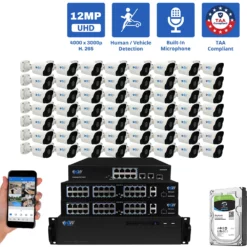 64 Channel NVR Security Camera System with 56 * 6K 12MP IP 2.8mm Fixed Lens Bullet Security Camera, Human / Vehicle Detection, Smart AI Analytics, Built-In Microphone, PoE