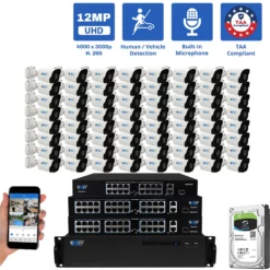 64 Channel NVR Security Camera System with 64 * 6K 12MP IP 2.8mm Fixed Lens Bullet Security Camera, Human / Vehicle Detection, Smart AI Analytics, Built-In Microphone, PoE